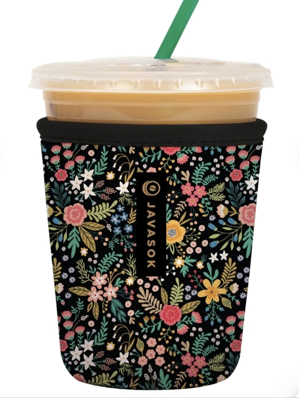 Javasok Floral Neoprene Cold Cup Sleeve  Black with Multicolor Flowers Sok It